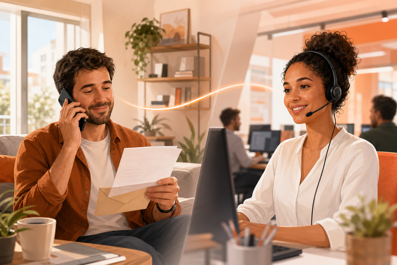 Personne souriante au t&eacute;l&eacute;phone, une facture &agrave; la main, en &eacute;change avec une conseill&egrave;re du service client &eacute;quip&eacute;e d&rsquo;un casque dans un espace professionnel accueillant.